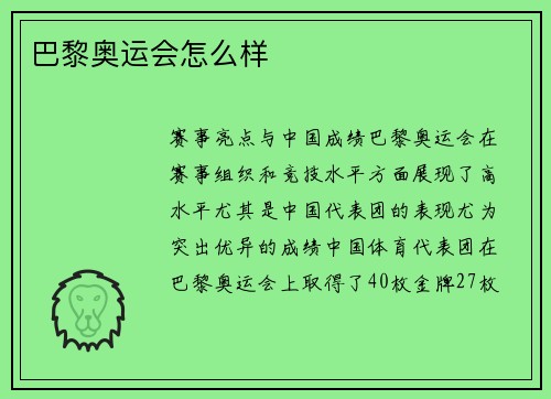 巴黎奥运会怎么样
